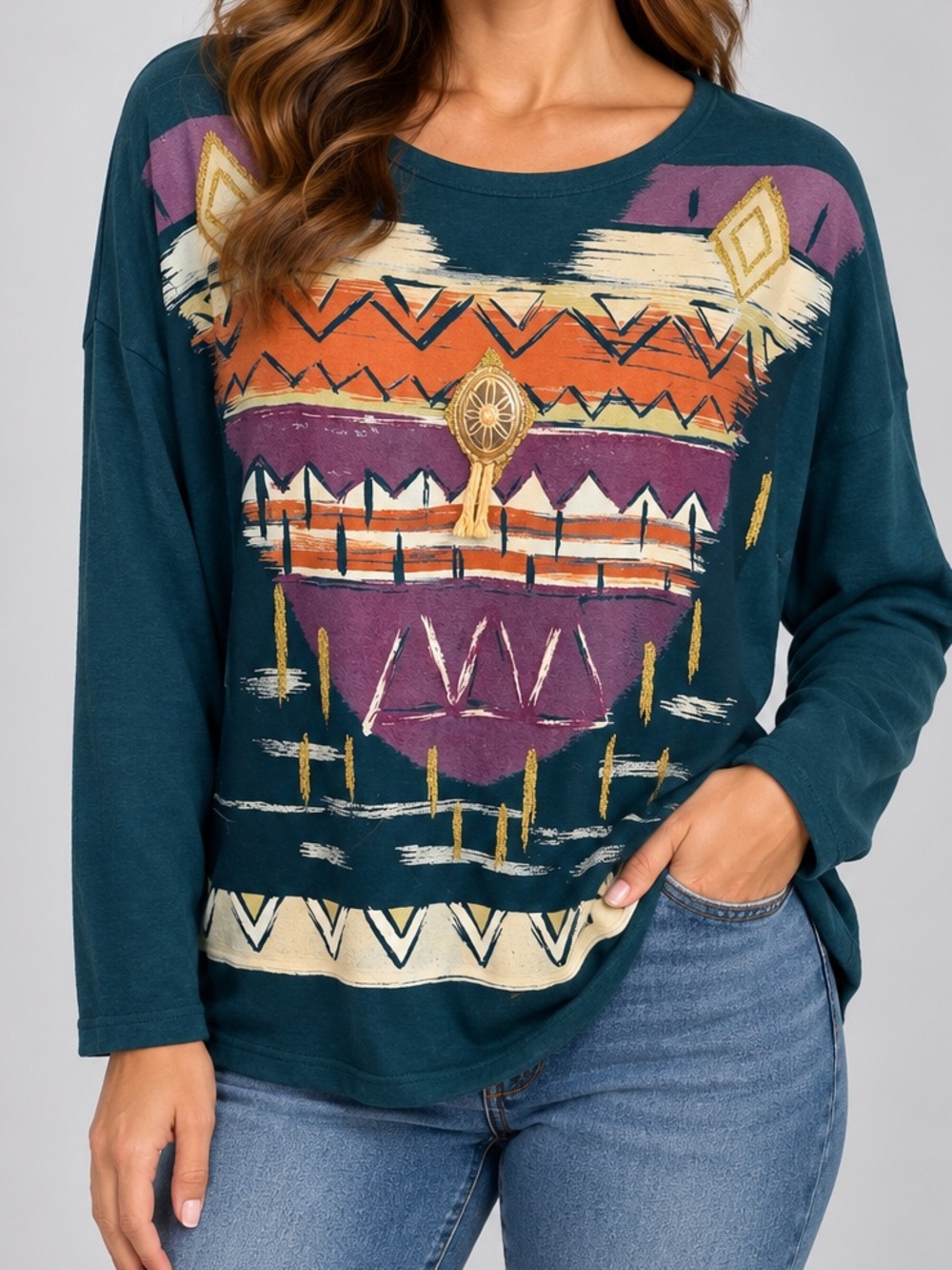 Teal Tribal Heart Graphic Long-Sleeve Sweatshirt Made in the USA - Picture 1 of 7